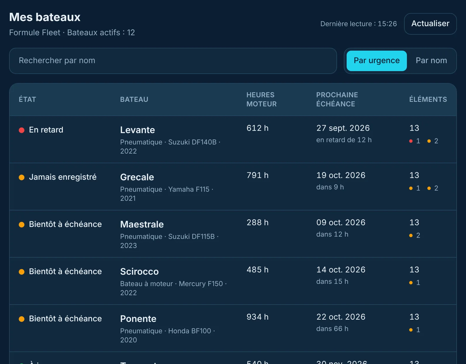 Plancia : liste de la flotte avec état, heures moteur et prochaine échéance de chaque bateau.