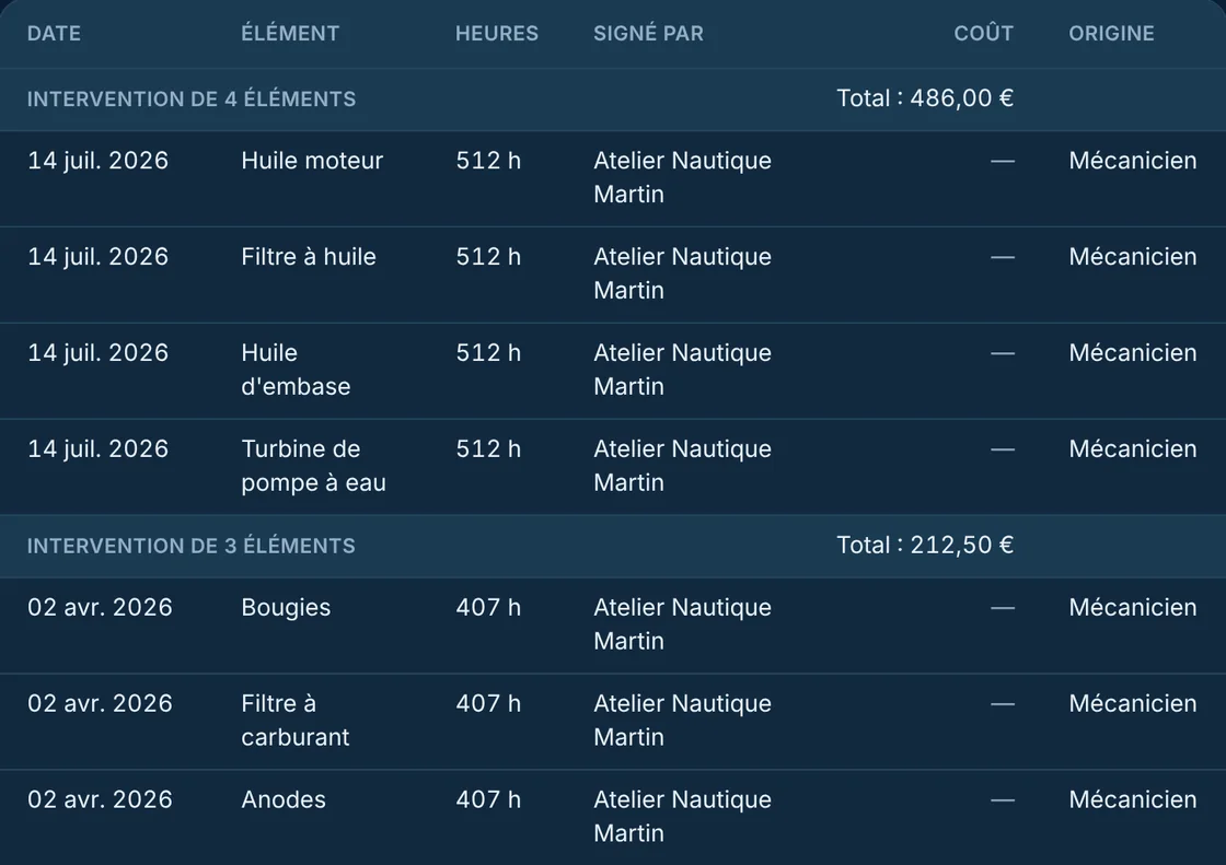 Plancia : historique des interventions avec date, opération, heures et signature de celui qui les a faites.